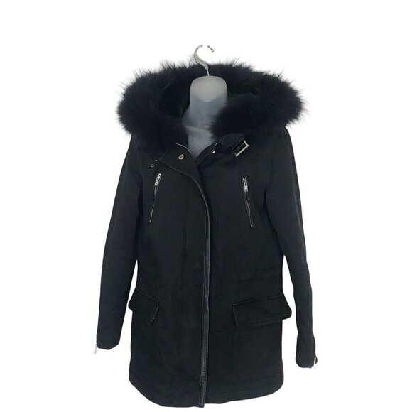 Maje Black Fur trimmed Hood & Faux Fur Lining Coat With Silver Zippers Size S - Picture 1 of 8